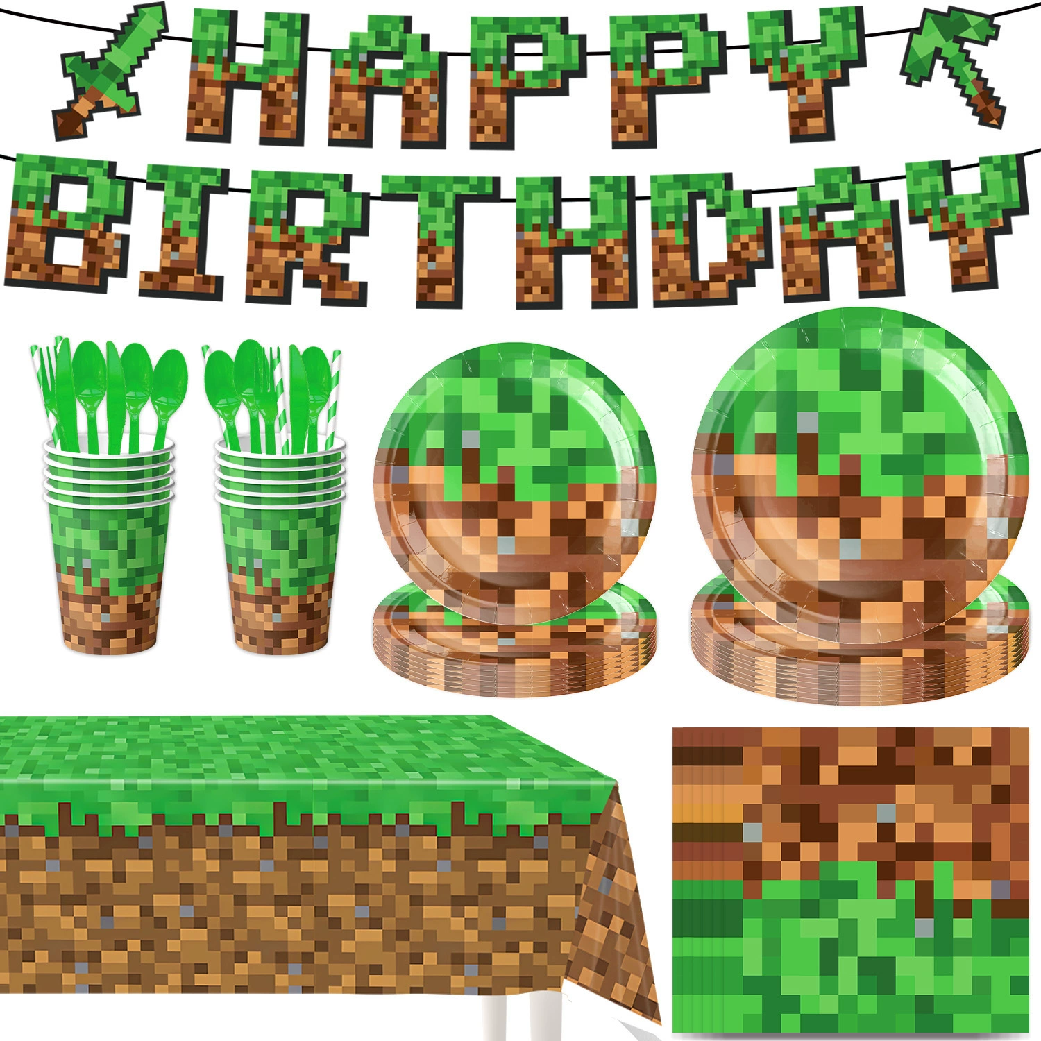 Party decorations set, Minecraft style, plates cups utensils balloons banner, packs 10–20 pcs