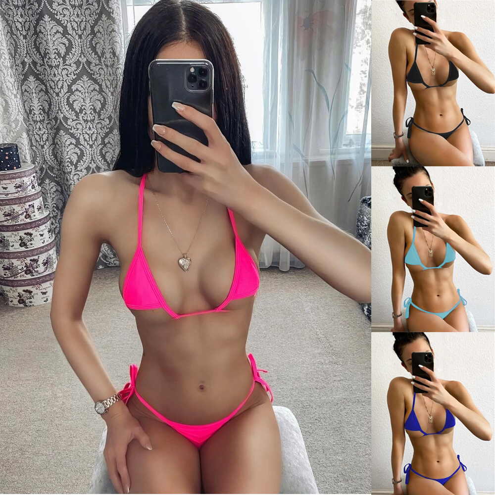 欧美比基尼泳衣纯色排绳绑带分体bikini三点式三角比基尼泳衣