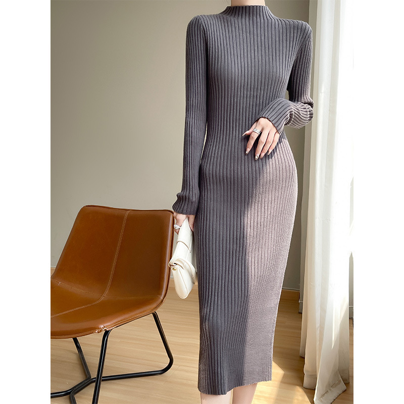 Autumn and winter new ultra-long dress women's pullover long sweater solid color Andy velvet long sleeve half high collar skirt