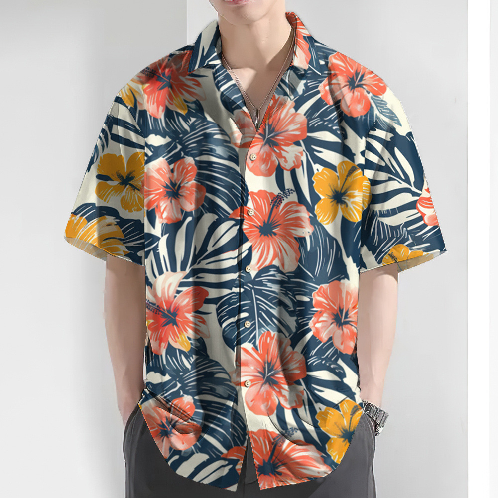 2024 Camisa de manga corta estampada hawaiana para hombre, talla europea, playa, fábrica de camisas para hombre hawaiano