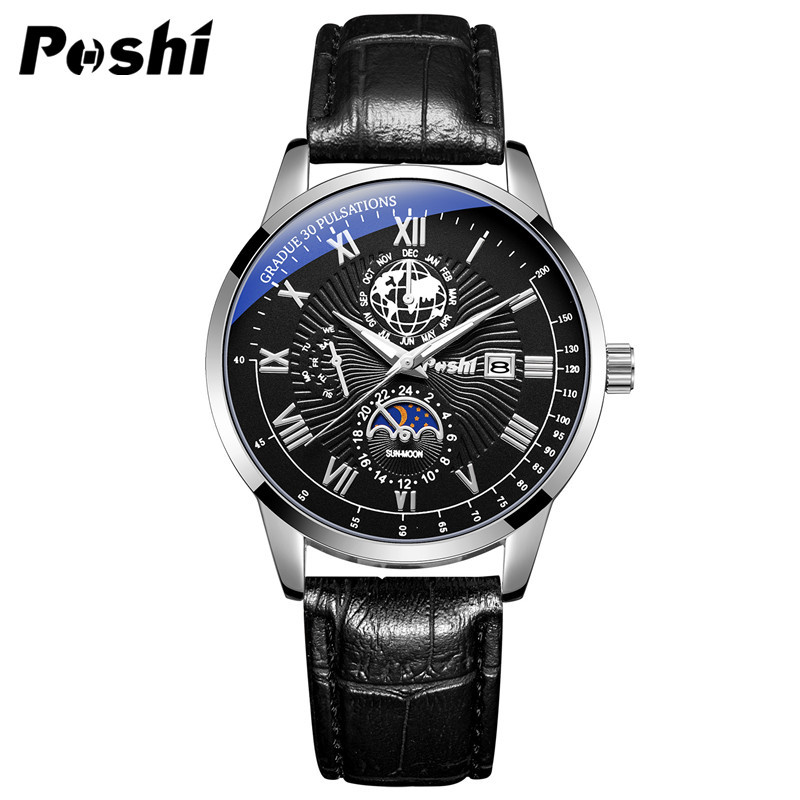 POSHI nuevo falso reloj de correa de calendario de negocios simple casual de tres ojos para hombres reloj de cuarzo para hombres