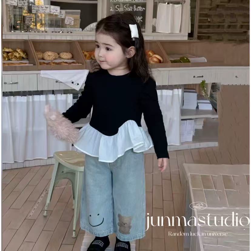 2026 Spring New Style Girls' Spring Ruffled Korean Style Long Sleeve Fashionable Baby Doll Shirt with Patchwork Base Layer