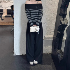 条纹一字肩露肩针织长袖女装2025秋季新款设计感纯欲风裤子两件套