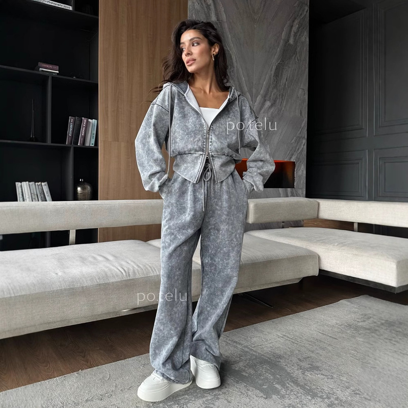 2025 Spring New European and American Washable Old Women's Fashion Short Hooded Sweater Casual Trousers Two-Piece Set for Women