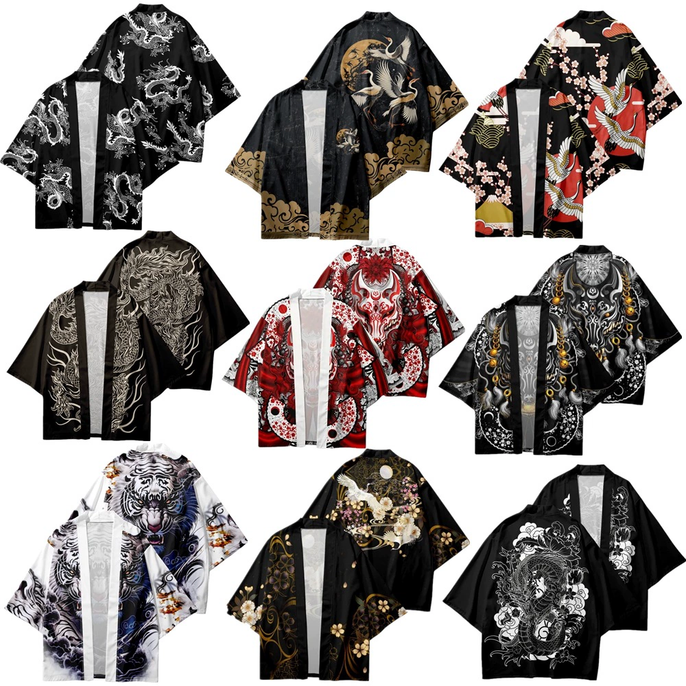 Мужской халат с 3D-цифровой печатью в китайском стиле 2025 года, с элементами лисы, краном и японской вишней, пользующийся большим спросом на международных рынках.