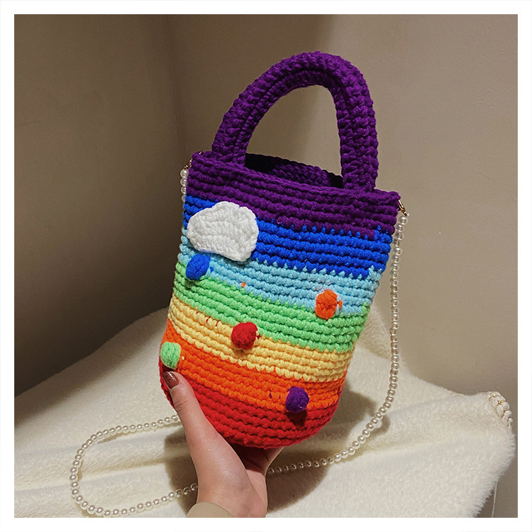 Women's Medium Plush Rainbow Stripe Cute Beading Weave Bucket Open Crossbody Bag display picture 27
