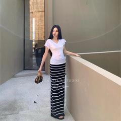 包臀裙高腰显瘦气质辣妹长裙子慵懒风修身百搭条纹半身裙女夏长款
