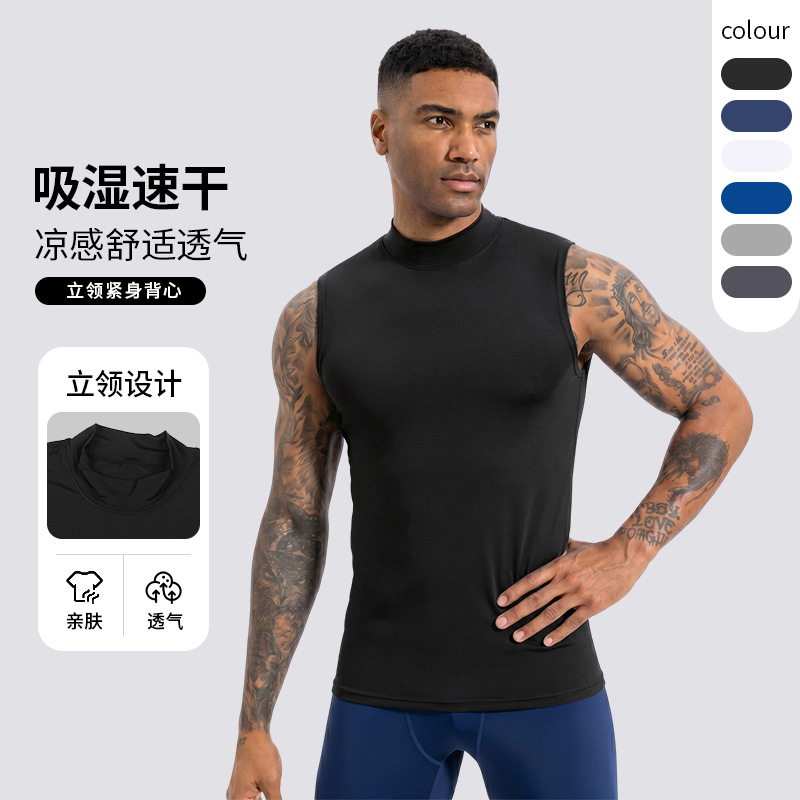 Hombre respirante chaleco de secado rápido cuello vertical ropa de fitness ajustada atletismo correr camiseta deportiva sin mangas verano