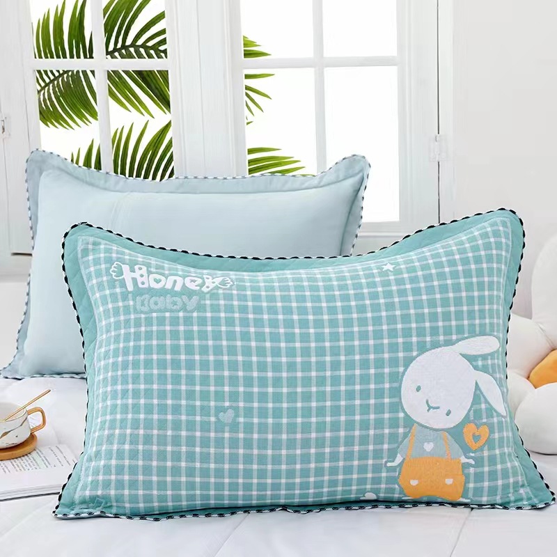 Three-layer gauze pillowcase with rounded corners, edge looped, filled with cotton, large home-use single-person soft color-woven patterned pillowcase, wholesale and dropshipping