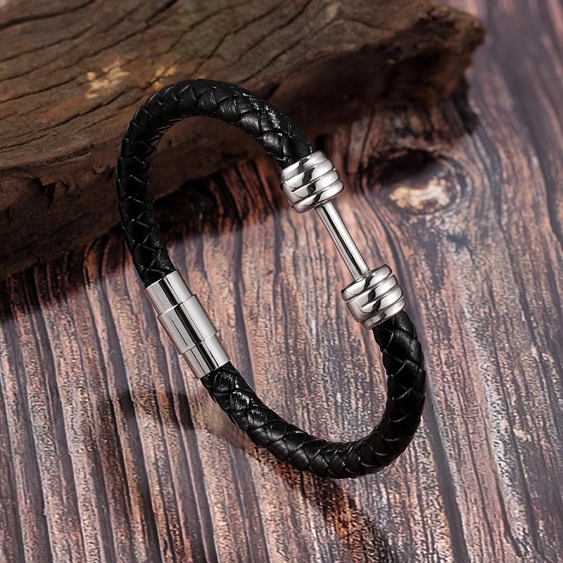 Popular men's titanium steel leather rope woven bracelet personality men's stainless steel dumbbell magnet buckle bracelet jewelry wholesale