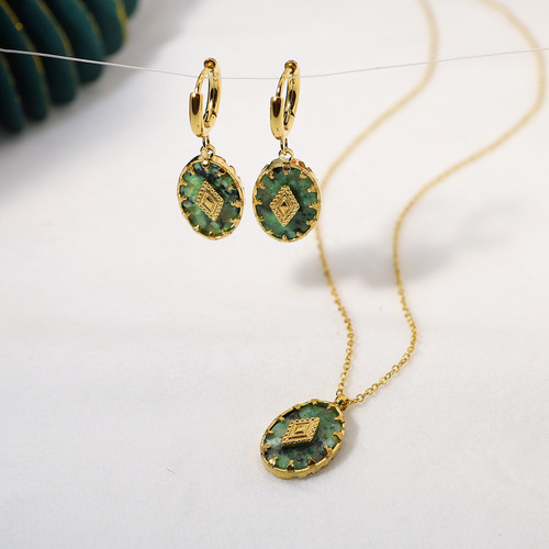 Foreign trade African turquoise pendant earrings and necklace set European and American INS style 18K gold-plated titanium steel retro earrings for women