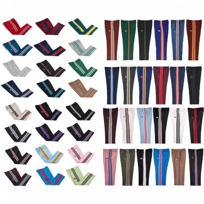 NEEDLES Butterfly Embroidered Pants Black and White Side Stripe Trousers Men's Sports Casual Pants Loose Straight Leg Trousers