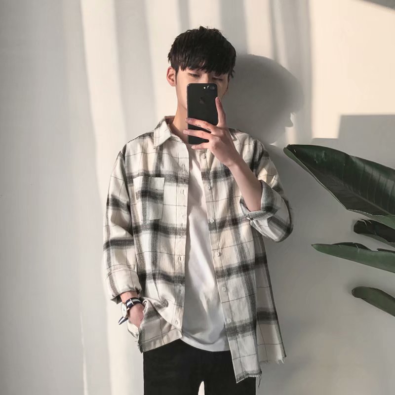 [SHOPEE Popular] PH ropa transfronteriza de los hombres de primavera y otoño de los hombres de moda a cuadros suelta camisa de manga larga casual