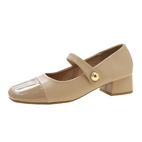 Xiaoxiangfeng shallow mid-heel single shoes for women  spring and autumn new style temperament Mary Jane shoes French thick heel small leather shoes