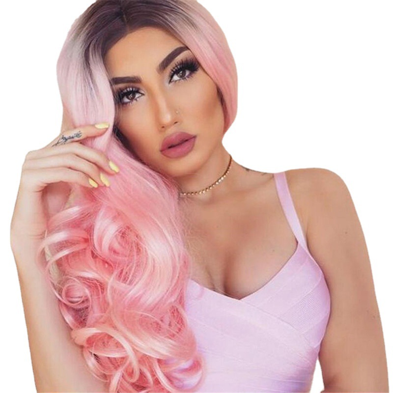 Perruque synthétique femme perruque noir dégradé rose longue sexy grande vague bouclés teints fibre synthétique bandeau cheveux_voghion.com