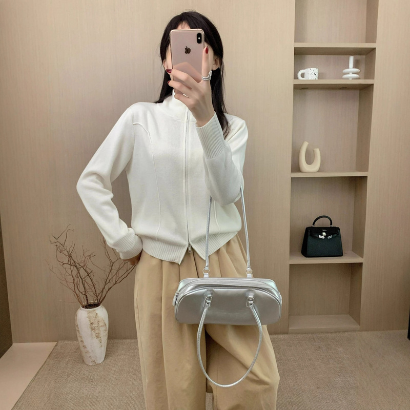 100%绵羊毛双拉头高领毛衣外套女宽松简约休闲拉链针织开衫外穿款|undefined