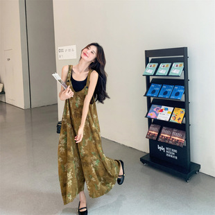 Ethnic Style Floral Jumpsuit for Women, Summer High-End Internet Celebrity Hot Style Jumpsuit, High-Waisted Wide-Leg Pants, Street Style