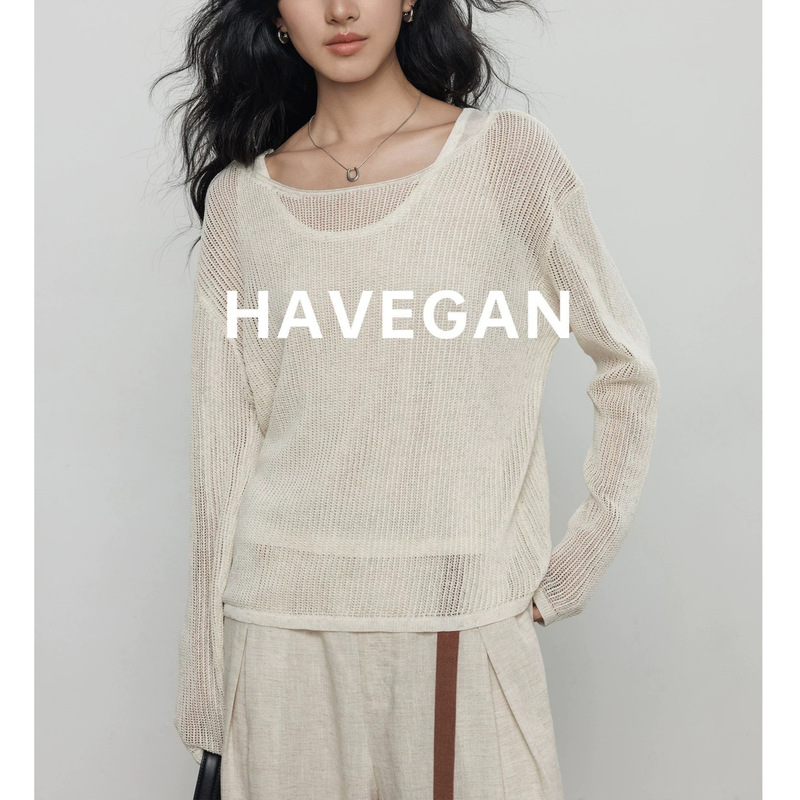 Havegan/Spring and Summer Hollow-Out Knit Vest Two-Piece Set for Women, Tencel Linen Old Money Style Sun Protection Top