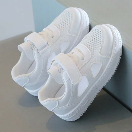 Children's white sneakers 2025 summer boys' sports shoes breathable mesh shoes with holes girls' casual board shoes soft bottom baby shoes