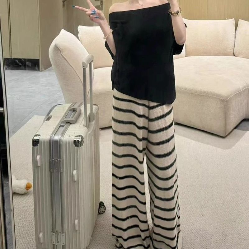 夏冰丝镂空拖地裤条纹针织宽松阔腿裤垂感懒人休闲裤一套女装全套|undefined