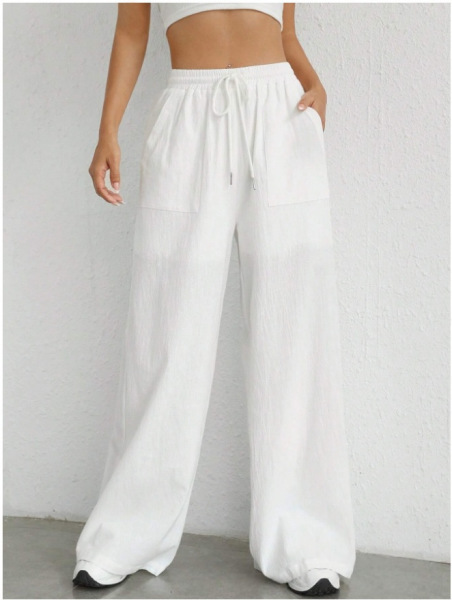 Amazon Cross-Border European and American 2025 New Women's Casual Solid Color Drawstring Straight-Leg Flared Pocket Casual Wide-Leg Pants