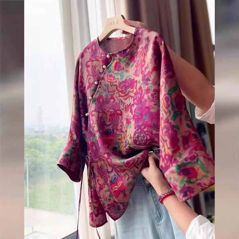 Rose Red New Chinoiserie Floral Mid-Sleeve Tang Suit Shirt for Women 2025 Summer New Retro Buttoned Top
