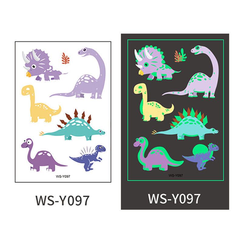 Pegatinas de tatuaje de dinosaurio luminoso Dibujos animados para niños Diversión Tyrannosaurus Rex Sudor impermeable Pegatinas de recompensa luminosas de color verde fluorescente temporal