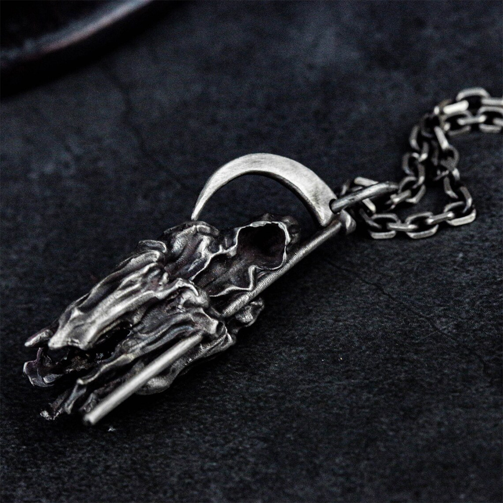 Gothic Grim Reaper Scythe Pendant Necklace For Men In Dark Style_voghion.com