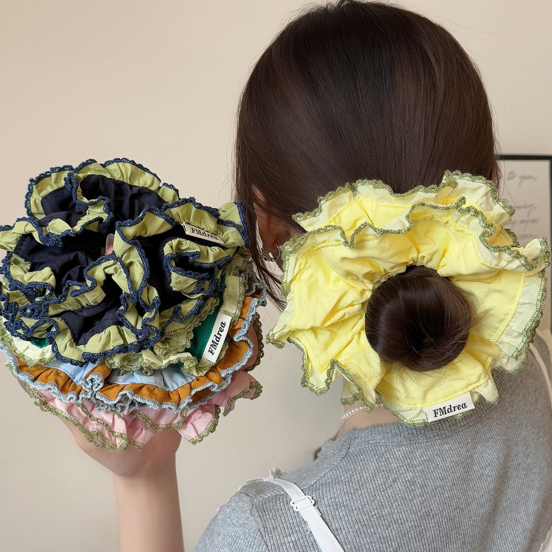 フルプリーツコントラストカラーレースヘッドバンド、高級ヘアゴム、レディースヘアゴム、ヘッドバンド、ボールヘアゴム|undefined