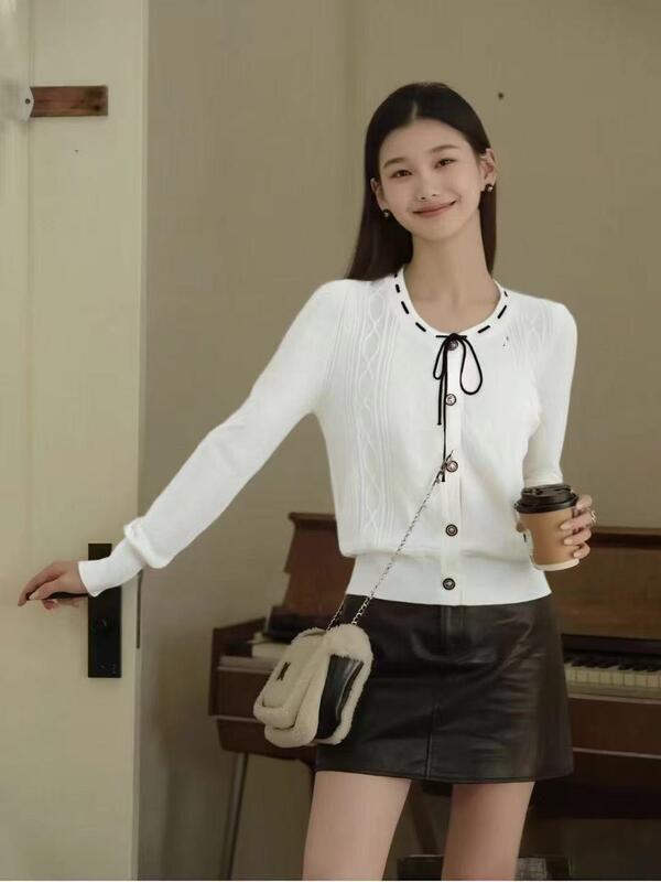 早秋新款韩版小香风圆领蝴蝶结绑带纹理针织长袖开衫上衣女|undefined