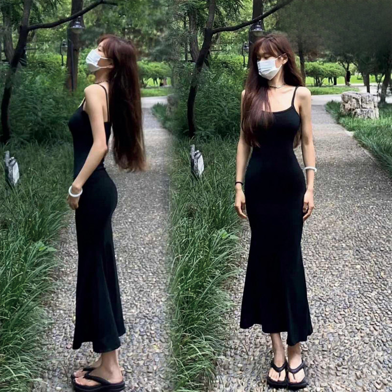 Sexy Hot Girl Black Spaghetti Strap Dress for Women, Summer 2026 New Style, Petite Waist-Cinching Tight-Fitting Bodycon Fishtail Long Dress