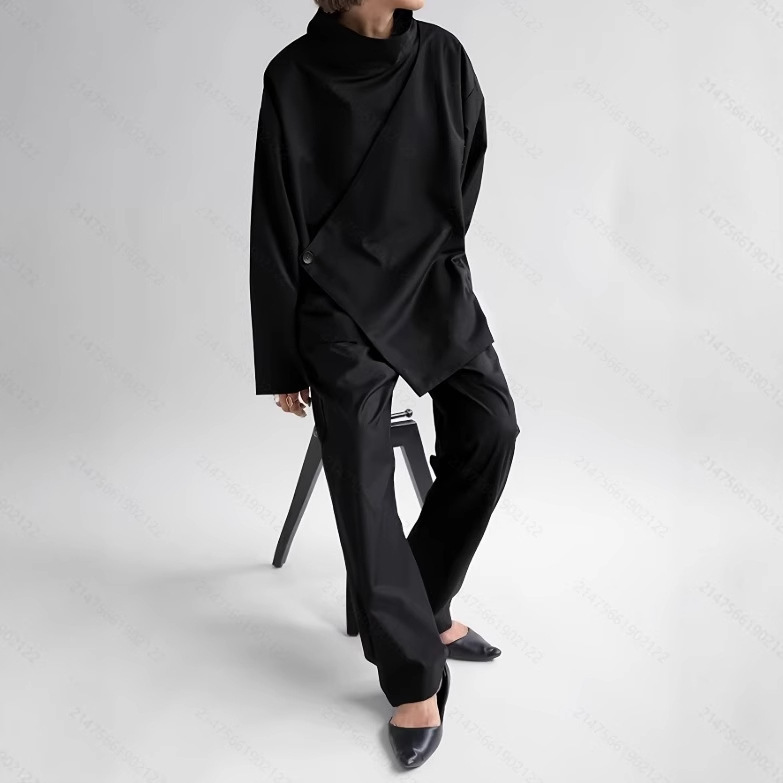 New Dark Yohji Yamamoto Ice Silk Niche Design High Pile Collar Long-Sleeved Shirt Asymmetrical Loose Top