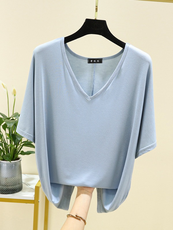 Modal T-Shirt for Women, Summer Short-Sleeve Stylish Loose Fit Slimming Versatile V-Neck Top Casual Blouse Inner Layer Base Shirt