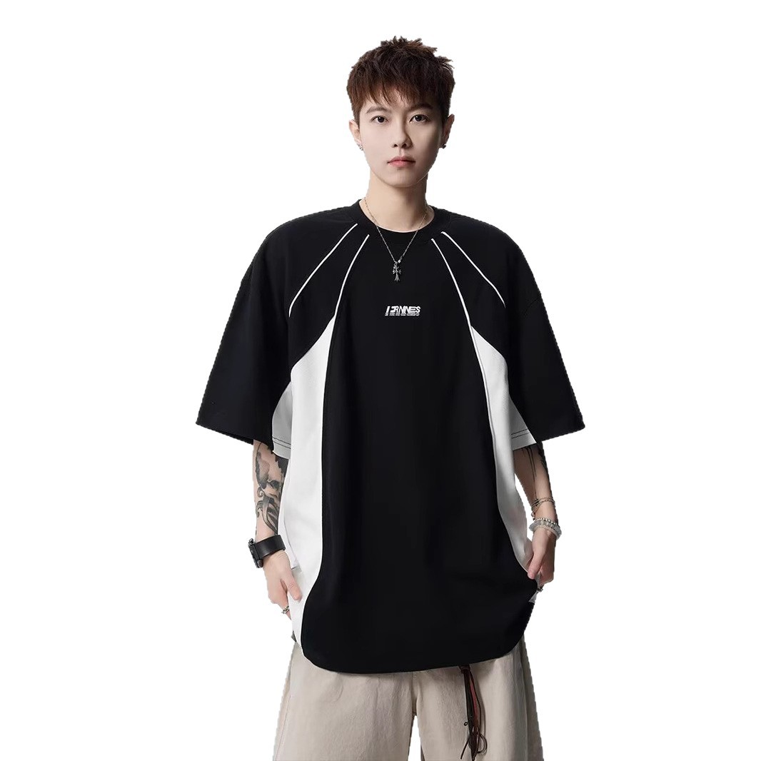 American Retro Short-Sleeved Men's T-Shirt Loose Trendy Brand Summer 2025 New Splicing Design Half-Sleeved T-Shirt Men's Clothing