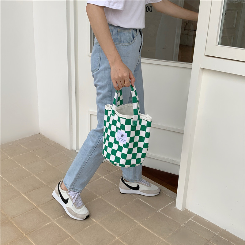 【 In Stock 】18181 checkerboard green checkered canvas bag, school-style commuter single-shoulder bag, retro hand-held tote bag undefined