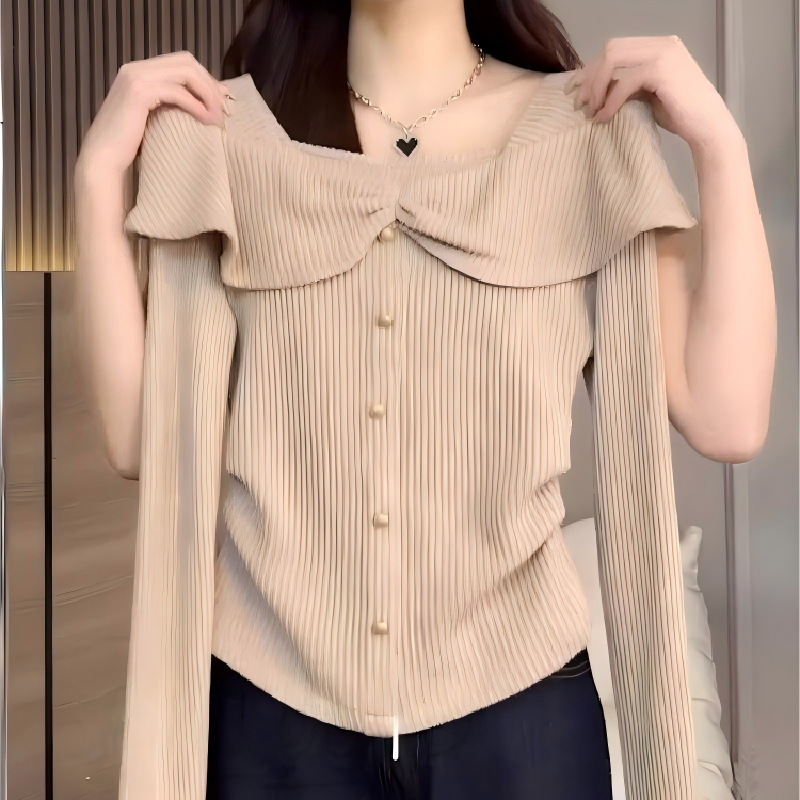 [3×1 Cashmere Velvet] Designed Niche Ruffled Long-Sleeved T-Shirt for Women in Autumn New Large Size Fat mm Slimming Look