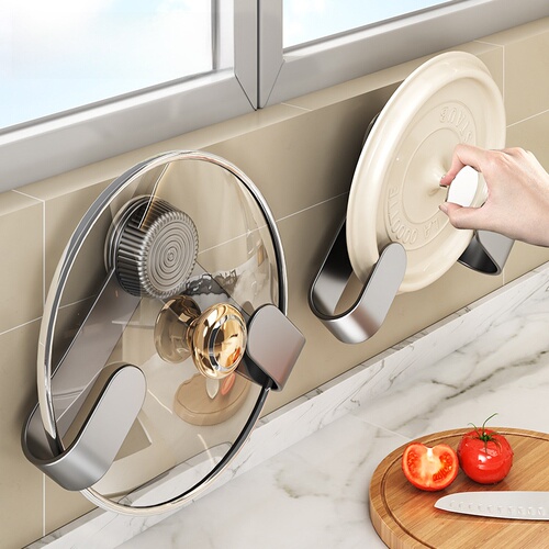 Wall-mounted suction cup pot lid holder, kitchen pot lid rotating hook, no drilling storage rack, cutting board storage rack