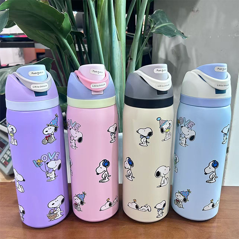 Nuevo termo de acero inoxidable 304 transfronterizo, taza de agua con pajita de doble bebida de dibujos animados, taza de fruta portátil con manija de gran capacidad