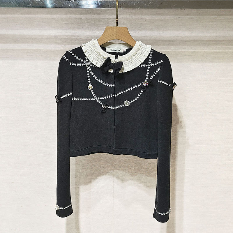 1件起批2025冬女装 珍珠提花荷叶领蝴蝶结长袖针织开衫S250808|undefined