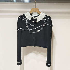 1件起批2025冬女装 珍珠提花荷叶领蝴蝶结长袖针织开衫S250808