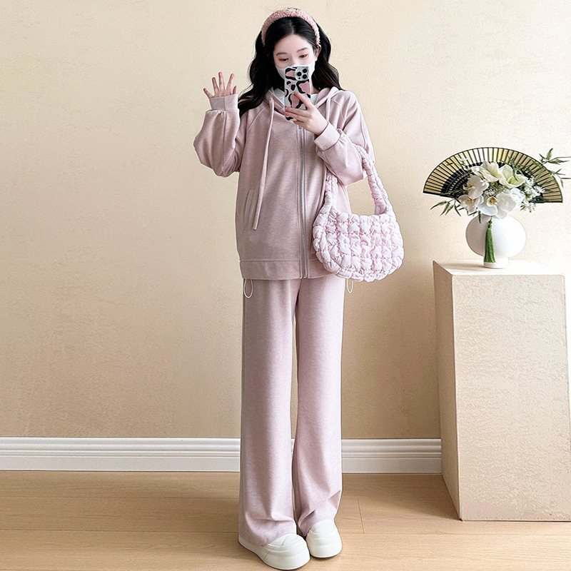 孕妇秋季新款韩版连帽卫衣显瘦上衣抽绳直筒裤宽松慵懒风休闲套装|undefined