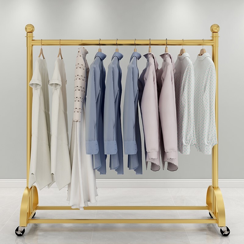 Clothing Store Hangers, Gold Display Racks, Women's Clothing Store Shelves, Special Sale Clothing Hanging Rods at the Entrance, Floor-Standing with Wheels Clothing Store Hangers, Gold Display Racks, Women's Clothing Store Shelves, Special Sale Clothing Hanging Rods at the Entrance, Floor-Standing with Wheels
