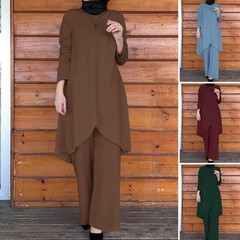 2025年ムスリム女性服中東越境秋新作無地ラウンドネックプルオーバーミディ丈スカートパンツおしゃれツーピースセット