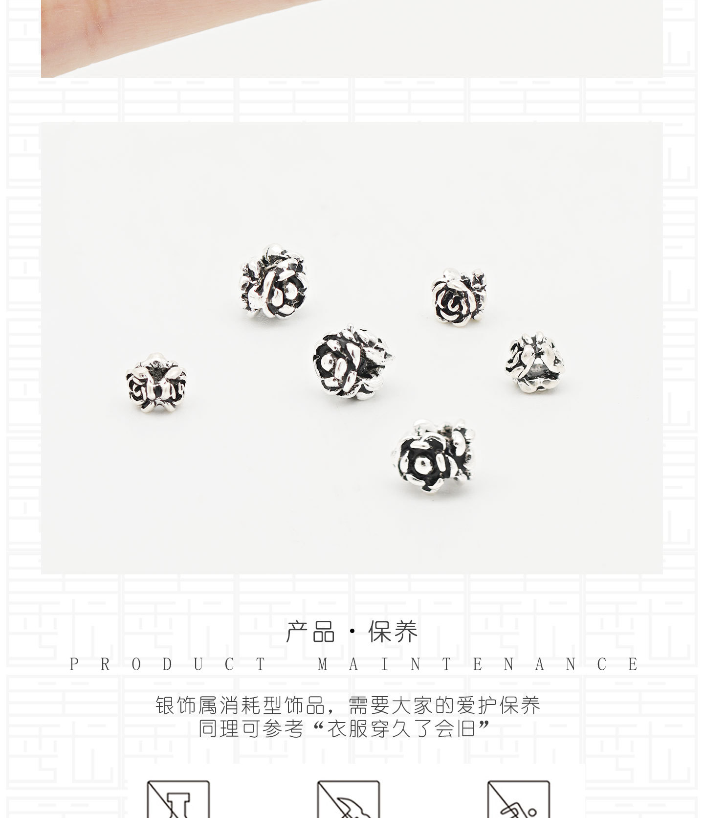 Thai silver three-sided rose mini beaded straight hole crystal bracelet DIY beaded material S925 sterling silver accessories