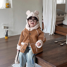 两面穿~韩版男女童中性款加厚保暖麂皮绒皮毛一体连帽大衣外套