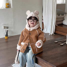 两面穿~韩版男女童中性款加厚保暖麂皮绒皮毛一体连帽大衣外套