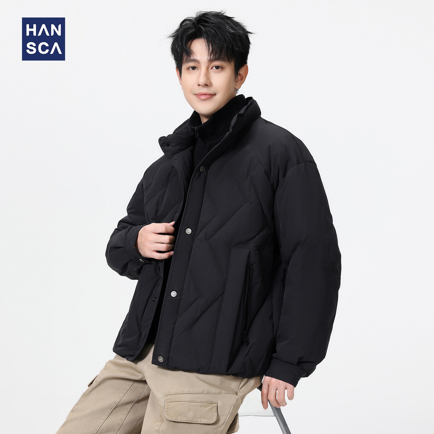 hansca90白鸭绒假两件双领羽绒服男2025冬季防寒保暖无帽羽绒外套