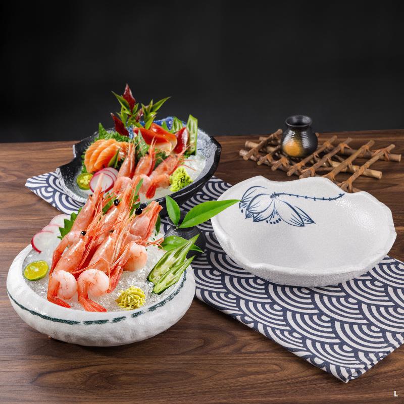 Japanese Ceramic Sashimi Plate Dry Ice Plate Hot Pot Restaurant Retro Creative Tableware Seafood Special-Shaped Dish Plate Japanese Food Commercial