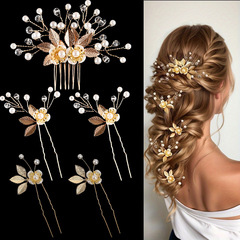 5ピースの金の叶のヘアピンの花の真珠のヘアフォークの花嫁のヘアピンの髪饰りのレトロな结婚式の髪饰りは、レディースに适しています
