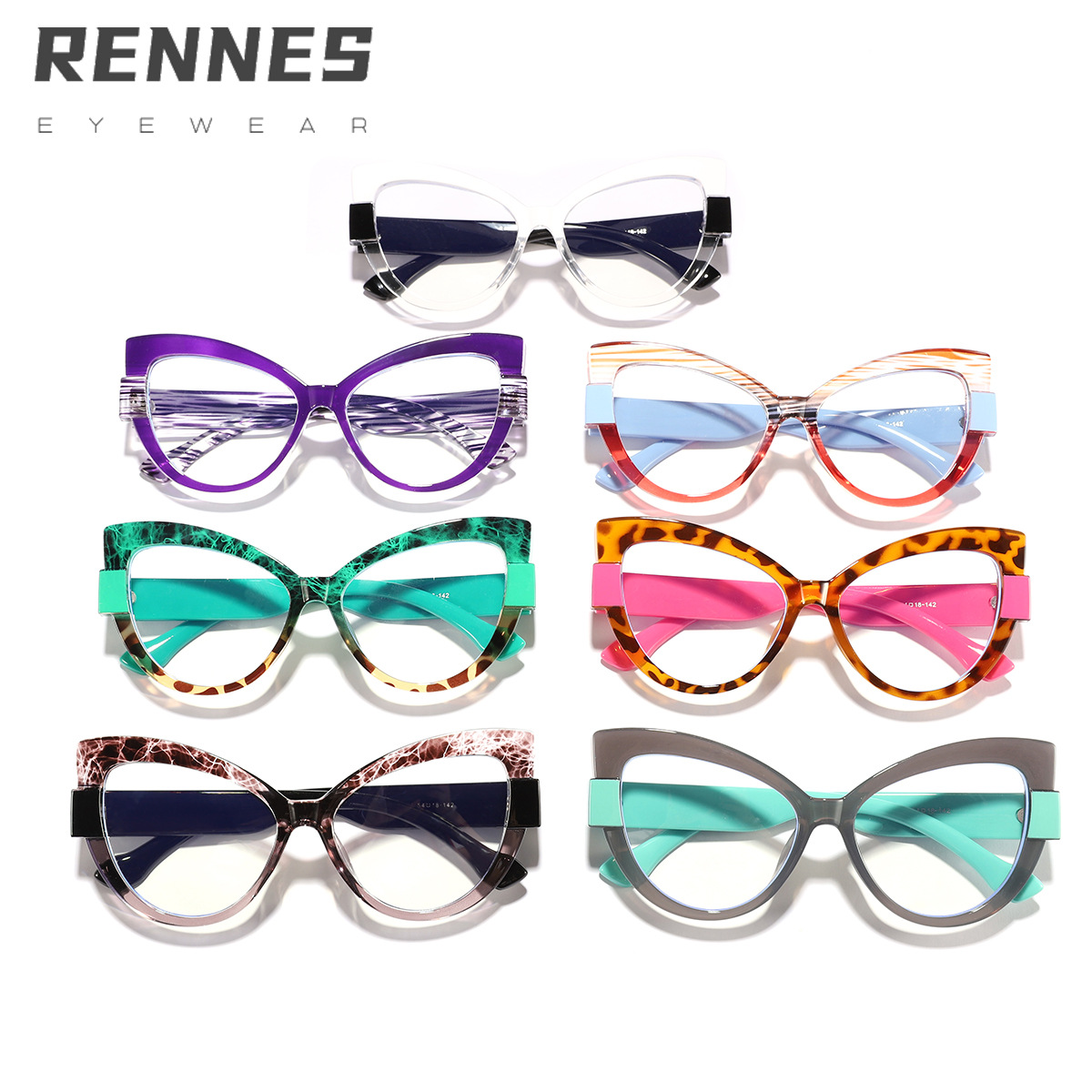 Gafas de montura TR90 transfronterizas, color de contraste de sentido avanzado, ojos de gato coloridos, espejo plano anti-azul, marco de gafas de todo fósforo de moda